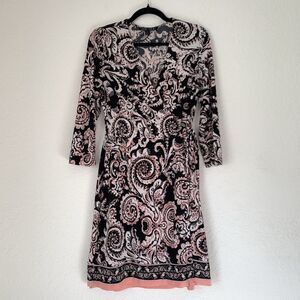 Sami Dani Wrap Dress 8 Black Pink Paisley Floral 3/4 Sleeve Office Career Modest